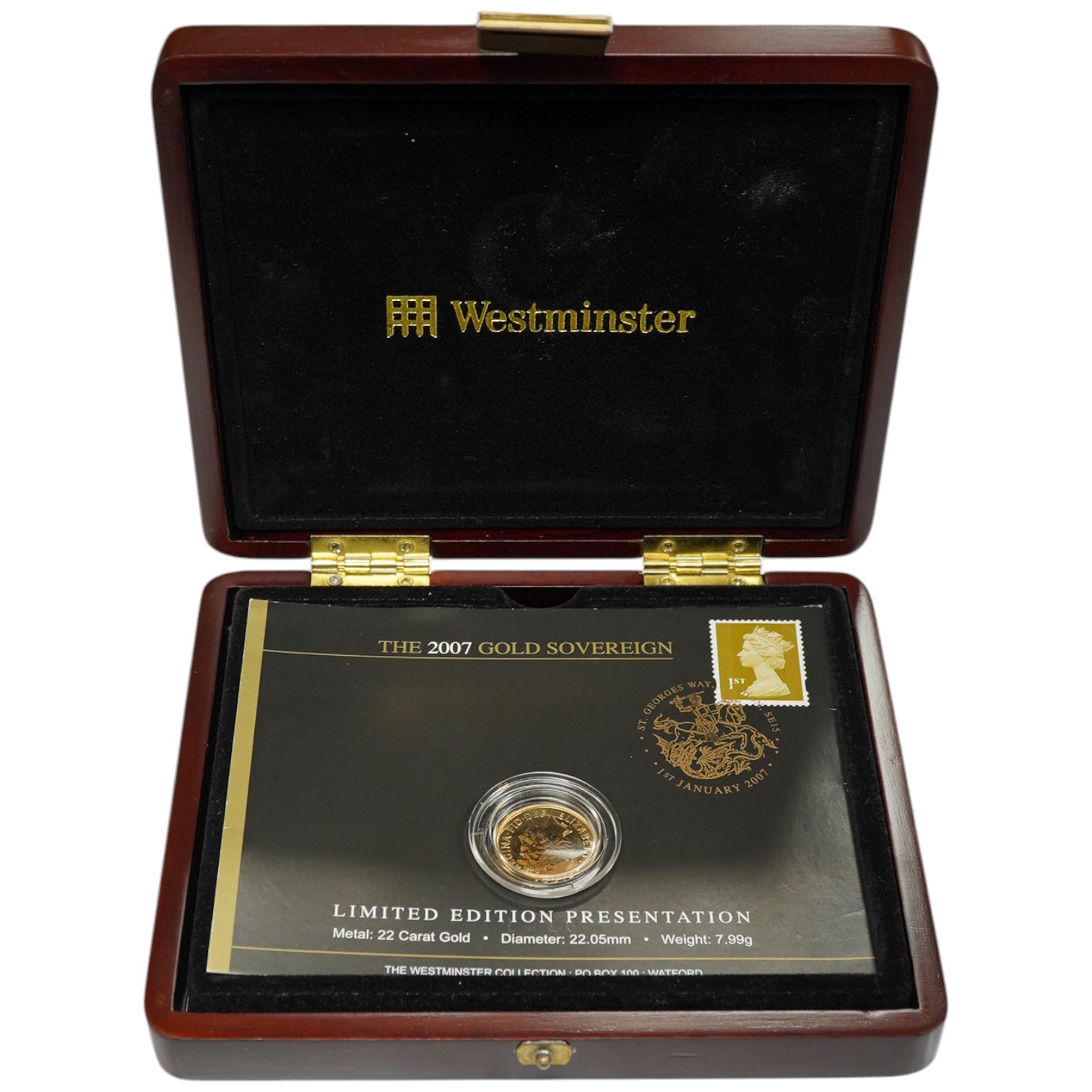 British gold coins, QEII, gold sovereign, 2007, in Westminster fitted case with certificate, Limited edition 950